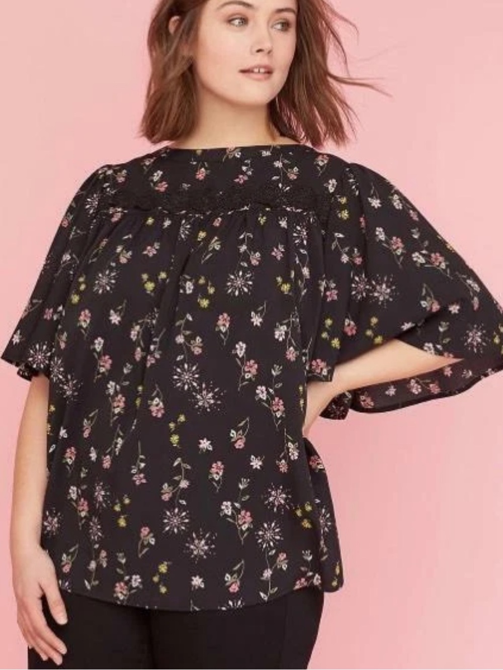 Lane Bryant Morraccan Black Floral Lace Trim Bell Sleeve Top Plus Size 18